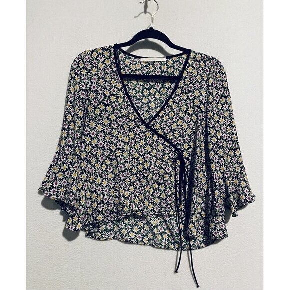 Zara Top Womens Medium Floral Daisy Print Faux Wrap Bell Sleeve Side Tie Boho - Picture 2 of 8